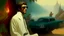 Placeholder: takistan life, scene oil painting. dr arab cover 1970, closeup dnd style. sunglasses. woods mist. smoking weed. lawrence of arabia. car race.