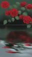 Placeholder: The image is a digital artwork that depicts a branch of tree of Red roses and leaves tangling in to a water in the river with aThe rose floats on the surface of the water, creating a wave-like effect. The background is black, which makes a branch of a tree of red roses stand out even more. Water droplets are scattered adding to the dreamy, ethereal quality of the image.all leaves and background are red