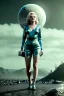 Placeholder: Ultra Realistic retro sci-fi 1960 scene, waist up view portrait, blonde woman, sweet young Marilyn Monroe face, perfect iris, tight latex coat, alien planet background, tight style, steel sphere dron levitating, fog, rain, soft color, highly detailed, unreal engine 5, ray tracing, RTX, lumen lighting, ultra detail, volumetric lighting, 3d, finely drawn, high definition, high resolution.