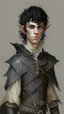 Placeholder: boy elf,he has curly, black hair and sharp cheekbones. His eyes are black. He wears fantasy medieval clothes. he is lean and tall, with pale skin, full body with boots, side view