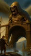 Placeholder: Bosch nightmares paining style Title:the angry giant hooded creature standing tall bigger than San Francisco golden bridge , 8k artistic photography, photorealistic concept art, soft natural volumetric cinematic perfect light, chiaroscuro, award-winning photograph, masterpiece, oil on canvas, Raphael, Caravaggio’s, Greg Rutkowski, people, beksinski, Giger