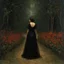 Placeholder: Night, one woman in black dress from behind at left, forest, red flowers, vegetations, creepy, gloomy, gothic dark influence, gustave caillebotte paintings, and konstantin korovin paintings