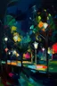 Placeholder: Night Park and Lamps in abstract expressionist painting in vivid colors, thick impasto brushstrokes, spontaneous drips and splatters, texture and movement, explore emotions and ideas through non-representational forms --v 5.2