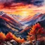 Placeholder: A dramatic watercolor rendering of a sunset over the mountains in late autumn, use radiant colors in red and orange hues, hyperrealism, vibrant colors, the image should evoke a feelings of serenity and peace