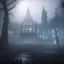 Placeholder: hyper realistic Bloodborne cityscape with dark entity looming in the fog