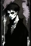 Placeholder: 17 year old boy, necromancer, friendly, looks dead, surrounded by weird smoke with eyes, wearing black robes, in the style of Harry Clarke