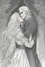 Placeholder: Strahd Von Zarovich being kissed on the mouth by a beautiful woman with white hair, wearing an off the shoulder dress. Settling and background are a lavish toomb with an ebony coffin.