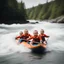 Placeholder: phone camera found footage screen capture, static filled low resolution image, low picture quality, slightly blurry kinetic grainy photograph from the shore of three happy babies wearing life preserver jackets alone in a kayak flying down river in furious rapids, slight motion blur, low contrast, high film grain