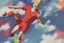 Placeholder: Oil painting, full body of a soccer player, he is kicking the ball, the ball is flying, bright but not neon colours, dynamic lines, dynamic blobs, spots, lines in the background of the character, splash like a colour explosion