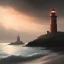 Placeholder: franz frazetta style, old lighthouse, sea in the distance, sunset, heavy clouds