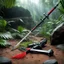 Placeholder: [high res photo by John McTiernan for the PREDATOR Badlands movie] Predators' dusty rusty powerful weapons on a stone in the jungle, ready to be used: the iconic sharp red-edged sword, retractable wristblades, smart disc, combistick, and laser retractible bow, power-fishnet