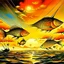 Placeholder: Radiant fishes with large scales flying in the sunset by Dali