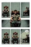 Placeholder: a page divided into 6 rectangular panels, each with different views of a man strapped to a chair and being interrogated, suspenseful torture graphic novel, comic book