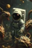 Placeholder: Bosch painting style, an astronaut surrounded by wired large creatures
