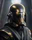 Placeholder: star wars bald male corellian pilot wearing dark gunmetal grey and black First Order special forces TIE pilot armored flightsuit and helmet with gold trim inside the jedi temple, centered head and shoulders portrait, hyperdetailed, dynamic lighting, hyperdetailed background, 8k resolution, volumetric lighting, light skin, fully symmetric details