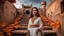 Placeholder: Hyper Realistic Photographic zoomed view Of a Beautiful Young Pashto Woman with Beautiful Eyes in White Dress Smiling & Standing on the Wide-angle-Beautiful-Staircase Of A Huge-Abandoned-Dark-&-Detailed-Crafted-Rajasthani-Fort In An Autumn Season with dried Orange Leaves on the land with dark cloudy-moonlight behind the fort showing dramatic & cinematic ambiance.