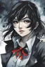 Placeholder: Ryuko Matoi from Kill la Kill wearing a black schoolgirl uniform. A soft-focus image of the silver moonrise casting a cool glow, create in inkwash and watercolor, in the comic book art style of Mike Mignola, Bill Sienkiewicz and Jean Giraud Moebius, highly detailed, gritty textures,