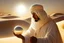 Placeholder: A sheikh dressed in Arab dress holds a palm-sized pearl, silky and shimmering in the desert sunlight.