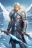 Placeholder: 1 anime man. warrior, with blue eyes and blonde hair man in silver Viking armor with fur around the neck with blue crystal on his chest, standing in water in the artic, holding a ice axe, warrior in, anime style