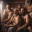 Placeholder: close up photography of a group of turkish and marocan 48 years old ugly chubby muscular men embraced, manly chest, covered with the towel at the hip, long beard, shaved hair, photorealistic, manly legs, manly arms, sitting in a steamy sauna, clouds of steam, side light