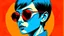 Placeholder: A retro illustration of a goth with sunglasses and short black hair, wearing teal , against a bright orange-blue Otto Dix textured background, in the style of vintage poster design, in the style of Hugh Kretschmer, in the style of Ross Tran, in the style of Fluid Forms, in the style of Peter Max, and in the style of J.C. Le Capitaine, high resolution.