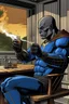 Placeholder: Darkseid smoking a cigar and drinking a glass of whiskey on the porch of the house.