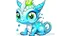 Placeholder: cartoon illustration: a cute little ice dragon with big shiny eyes and with crystal wings