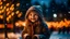 Placeholder: Little girl with christmas lights enjoying the holidays outdoors in snowfall. Happy cute child girl playing with Chistmas festive lights. digital ai