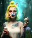 Placeholder: Ultra realistic wonderland photo, happy blonde woman smoking a pipe, blue dress, white rabbit pet, circus dress style, old school tattoo, smoke, marijuana garden, glow eyes, perfect iris, soft color, highly detailed, unreal engine 5, ray tracing, RTX, lumen lighting, ultra detail, volumetric lighting, high definition.