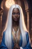 Placeholder: young sorceress with dark skin, blue eyes, long straight white hair, dressed in an aristocratic robe. with serene face