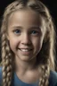 Placeholder: Chiaroscuro lighting, deep shadows, rich deep colors, facial portraits, 8K Ultra-HD, Hyper Realistic, Photorealistic, Realistic, focused, Clear, Extremely Detailed, beautiful, Cinematic, proportionate, full color, headshot image of a smiling 8-year-old girl with long blonde hair, pulled back into braids, wearing a pair of blue round lensed glasses, and a pink and blue button t-shirt, big happy smile, a foggy, cloudy, blue background