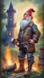 Placeholder: postcard portrait of bard post man sexy gnome fire man with old boots, sledge hammer and chissel in the garden holding a tower fortification, magazine cover illustration with oil paint and spray paint, signed, bokeh like, down-light, unreal engine, prize winning