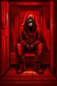 Placeholder: A scary gothic person sits quietly in the middle of a soundproof, padded room conveying intense dramatic emotions in a muted environment, wearing a red restraint jacket with arms inside, a mask to cover the mouth area of cannibal evil scary, dark and gothic look, cold eyes, eary ultra detailed,.32k, digital art style with messy paint, hardened sealer appearance, impasto, dramatic Arial view with explosive chaotic background