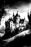 Placeholder: Watercolor black and white far away castle with a dark room little light lock room on the right