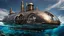 Placeholder: An unique cyber steampunk glass and metal submarine in the ocean, with large of water surrounding it. The submarine bottom positioned in the center of the frame, providing a unique perspective on this streamlined high-techstructure and interior equipment underwater, high detalied, sharp focus, best shot, sci-fi mood