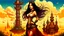 Placeholder: exotic sci-fi steampunk pin-up girl, with long dark hair, on an alien planet with cloud trees, tall spires, buildings, arches and bridges