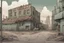 Placeholder: factory, dilapidated, post-apocalypse, front view, street, comic book, cartoon