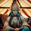 Placeholder: (art by Mil Mascaras and Alphonse Mucha) viking woman chill in a tribal tent (vintage style noisy scratches glitches, Shot the texture and then rewound the film and double exposed from a 1970 B series movie)