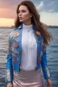 Placeholder: half body shot,realistic portrait of a 20-25 old caucasian model, long blue pink flowing hair, great grey eyes, blue leather jacket,full body, short white skirt,long legs,standing on deck of modern ship . beach of very nice lake with sunset ,clouds,godrayes