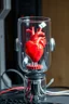 Placeholder: Photo of real heart on robot face inside A glass cylinder connected with wires to main computer