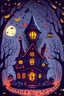 Placeholder: :: Illustrate a charming and whimsical haunted house scene with cute witch, quirky pumpkins, and scary owl, all surrounded by a moonlit sky