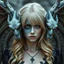 Placeholder: a blonde fantasy woman who is half human and half gargoyle, her face is partially made of stone, gothic, stylised