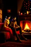 Placeholder: Fire place Christmas scene, dark haired couple, man with short black beard, blue eyes, cozy
