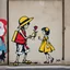 Placeholder: in the style of Banksy, a rough graffiti image of Straw Man Luffy giving a rose to a small little girl in a sun dress on a city wall, gritty, street graffiti