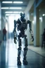 Placeholder: aging cyborg robot looking old, walking down hospital corridor using a walker, zeiss prime lens, bokeh like f/0.8, tilt-shift lens 8k, high detail, smooth render, down-light, unreal engine, prize winning