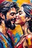 Placeholder: a gypsy theme, a beautiful in love girl and boy as focus point, close-up kissing scene, scrappy paint strokes in impasto , life is good, laughter and happiness