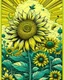 Placeholder: giant sunflower, with beautiful bees flying around, in shephard fairey style graphic, urrounded by golden leaves, sharp detailed graphic, garden background with blue sky and white clouds.