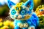 Placeholder: closeup, sharp focus, cute faced happy bioluminescent mohair fantasy steampunk animal cat creature, needle felt, big shiny blue eyes S<AI in sunshine, flower pattern background