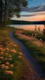 Placeholder: forest trail, trail of flowers, dusk by a lake.