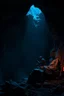 Placeholder: create an image of dark blue lit slightly confined cave and a man sitting in the rock cleaning his gun inspired by the doom games